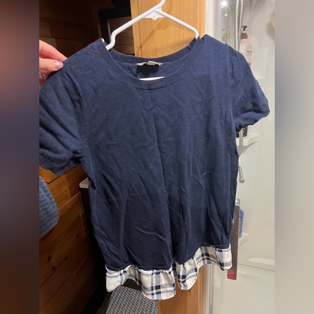 Loft Outlet, Small, Short Sleeve, Dressier shirt, blue with yellow plaid bottom